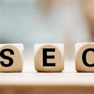 SEO concept with wooden block on wooden table background.