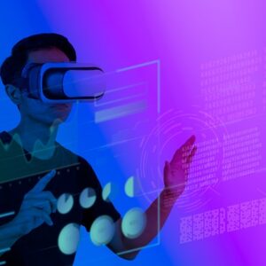 man wearing VR glasses touch virtual screen metaverse technology global internet connection virtual social network.