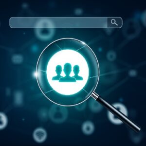 Search Engine Optimisation - SEO - with Magnifying glass on Network and Social Media. illustration and 3D Rendering.