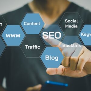 Search optimization business pointing finnger selecting seo. Businesss Internet Network Technology Concept on virtual screen.