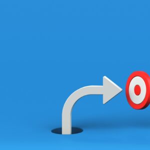 Right turn white arrow pointing at target on blue background. Right turn arrow breaking through from blue floor, different creative ideas, and develop working life concepts, 3D rendering