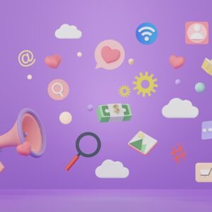 3d render megaphone with online media application and icon that floating around on purple background.