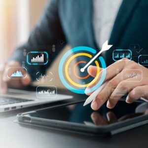Businessman using laptop and tablet showing icons business growth goals and vision plans goals and business strategy and competitive advantage banking and finance success goals, path to success.