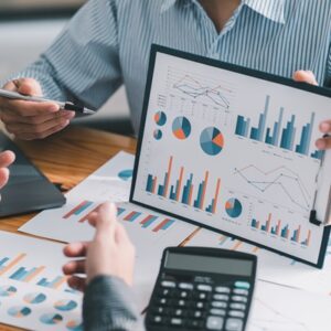 Finance manager meeting discussing company growth project success financial statistics, professional investor working start up project for strategy plan with document.