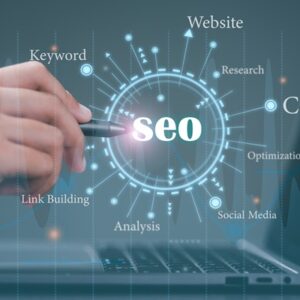 Marketers use pen to point to icons, SEO concepts, optimization analysis tools, search engine rankings, social media sites based on results analysis data. Customers use keywords to connect products.