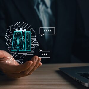 man holding command prompt ai chat. Big data storage.Digital Artificial Intelligence (AI) technology disruption concept. We are implementing storage technology support in the business.