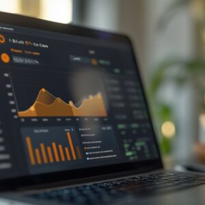 Open laptop displaying financial charts, data, and graphs on its screen, indicating work being done from a home office