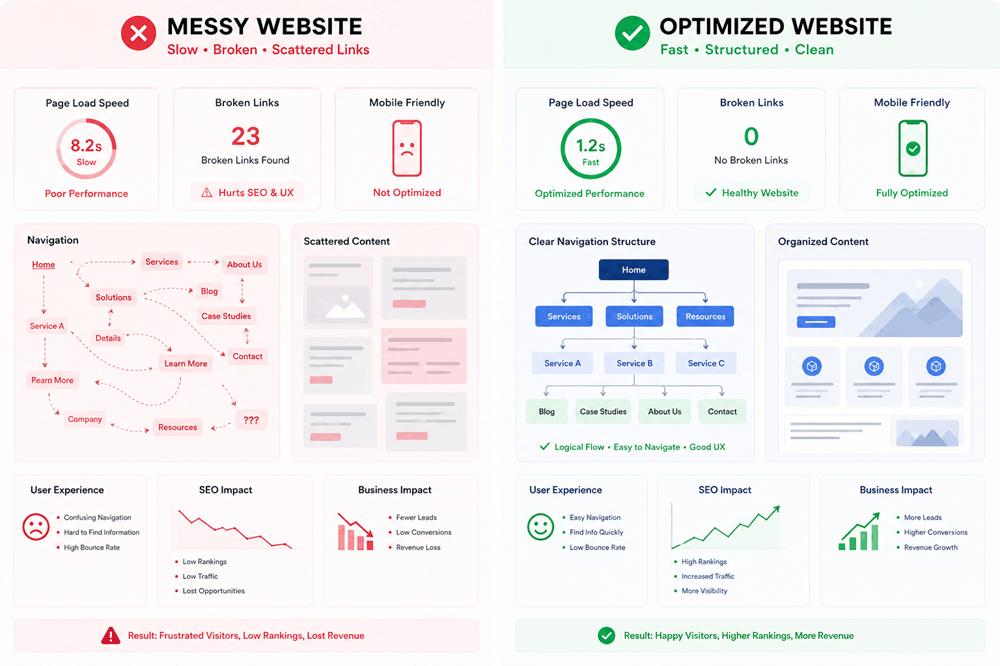 Website comparison messy vs optimized